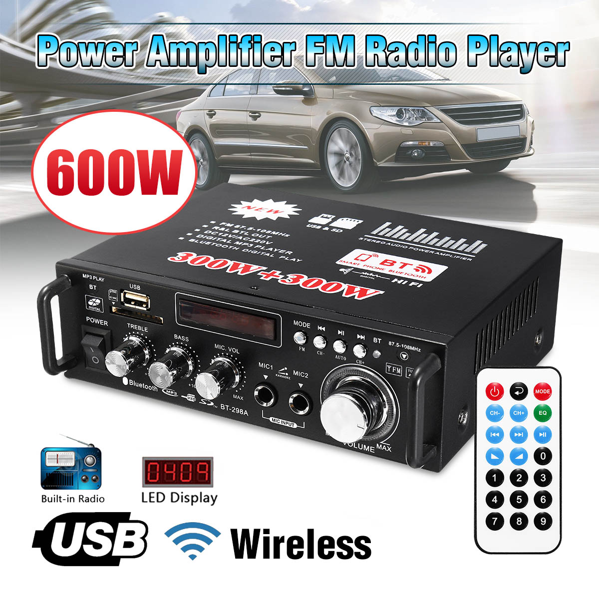 BT-298A Digital HIFI estéreo con pantalla LCD de 12V/ 220V, 2 canales, amplificador de potencia de Audio con bluetooth, Radio FM, para coche y Casa, 600W, mando a distancia ► Foto 1/6