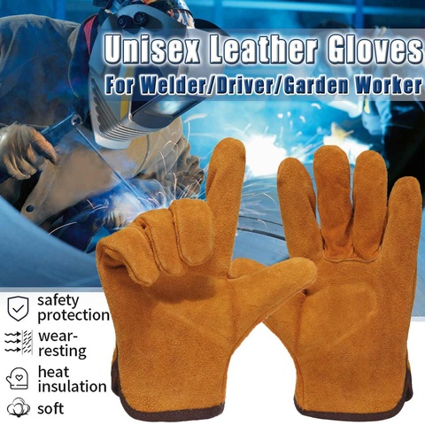 Par de guantes de trabajo resistentes para jardinería para hombre y mujer, guantes de trabajo de cuero de vaca, resistentes al calor, color amarillo ► Foto 1/6