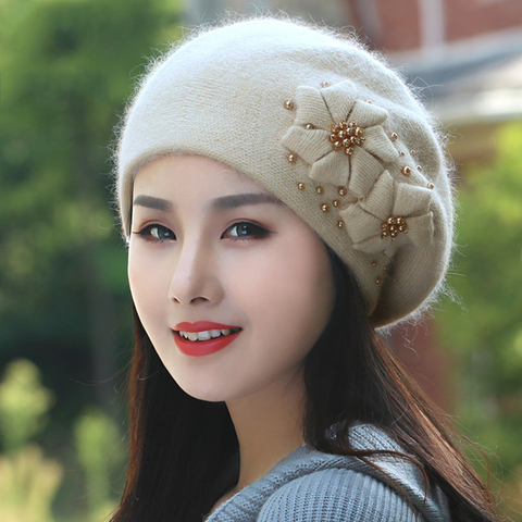 Angora-boina de invierno para mujer, gorro de punto con perlas de flores cálidas, informal, suave, clásico, térmico, accesorios para exteriores ► Foto 1/6