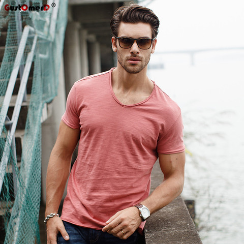 GustOmerD-Camiseta de calidad con cuello en V para hombre, Camiseta ajustada de algodón puro, camiseta de manga corta, camisetas informales para hombre ► Foto 1/6