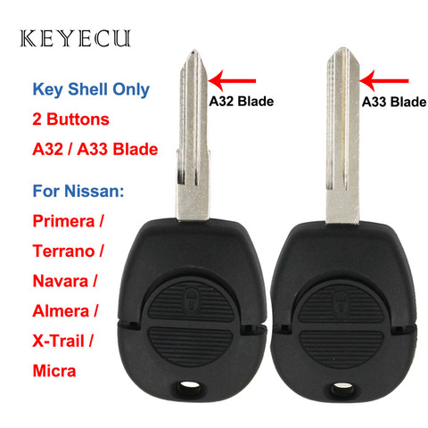 Keyecu-carcasa de llave a distancia de coche, funda con 2 botones para Nissan Primera Micra Terrano Navara Almera x-trail con cuchilla A32 A33 sin cortar ► Foto 1/6