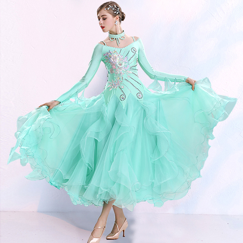 Vestido de baile estándar verde para salón, ropa de competición para baile, baile de salón, Vals, rumba ► Foto 1/6