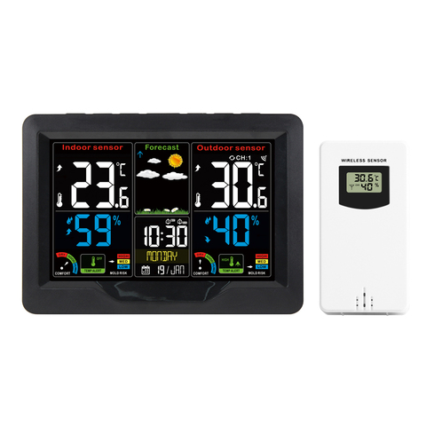 FanJu-estación meteorológica Digital FJ3383C, reloj con pantalla a Color, barómetro, termómetro, higrómetro, Sensor al aire libre con tendencia de riesgo de moho ► Foto 1/6