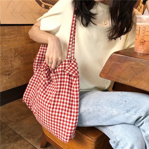 Bolso grande de lona para mujer, bolso de compras a cuadros, de gran capacidad, ecológico, para chicas, bolsos para libros ► Foto 1/6