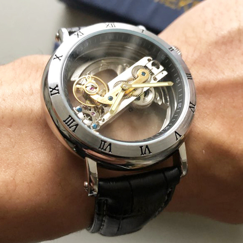 Forsining-Relojes de pulsera para hombre, diseño de lujo, caja transparente, correa de cuero marrón, automático, esqueleto, 2022 ► Foto 1/6