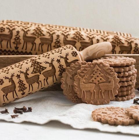 Rodillo con grabado navideño de madera galletas para hornear galleta Fondant pastel masa Rodillo grabado Reno, copo de nieve Elk ► Foto 1/6