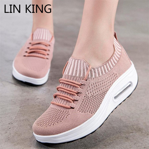 LIN KING-zapatos informales de malla transpirable con suela gruesa para mujer, zapatillas de cuña ajustadas con cordones, con aumento de altura, para viaje, novedad ► Foto 1/6