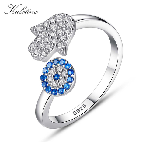 KALETINE 925 de mal de ojo de plata esterlina azul ojo Hamsa la mano de Fátima mano ajustable mujer anillos tamaño abierto anillo, joyería de la boda ► Foto 1/6