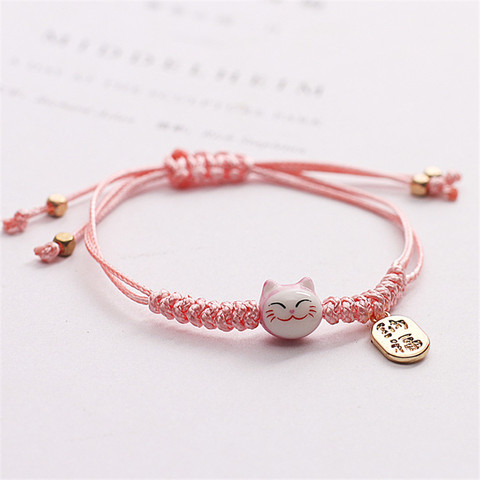 Pulsera de cuerda colorida hecha a mano de gato de la suerte para mujeres y niñas, regalos de cumpleaños, Charm Tassel, moda Maneki Neko, brazaletes para parejas ► Foto 1/6