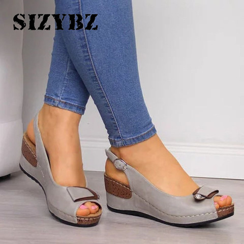 Sandalias con tacón de cuña de las mujeres verano zapatos de mujer zapatos Peep-toe cómodo hebilla Sandalias de correa antideslizante en Sandalias planas para mujer Sandalias ► Foto 1/6