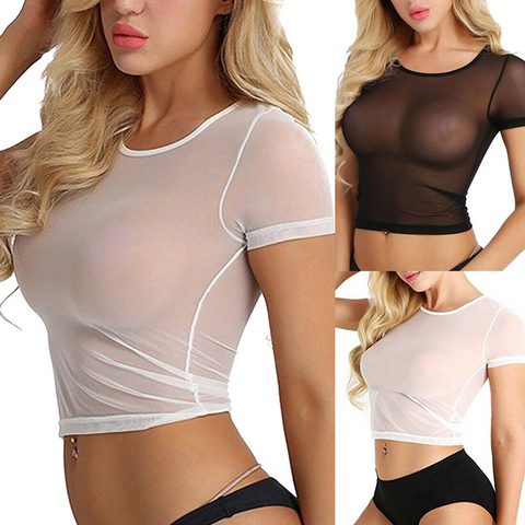 Top corto sin mangas para mujer, ropa interior de manga corta, Top Sexy de malla transparente, camisetas de calle, ropa ajustada transparente para discoteca ► Foto 1/5