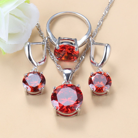 Conjunto de joyería de boda para mujer, conjunto de pendientes y collar de circonita, color rojo granate redondo, plata 925 ► Foto 1/6