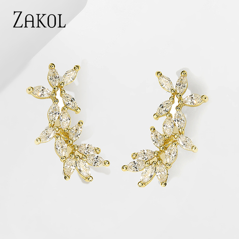 ZAKOL-pendientes de circonia cúbica con forma de flor para mujer, joyería de boda, hojas brillantes, piedra CZ para novia, FSEP2492 ► Foto 1/6