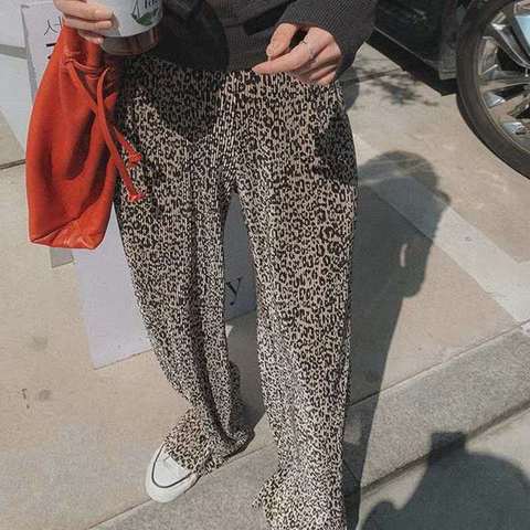 Johnature de moda de verano raso estampado de leopardo pantalones de pierna ancha de las mujeres 2022 nuevo Casual todo encuentro cintura elástica Pantalones largos ► Foto 1/6