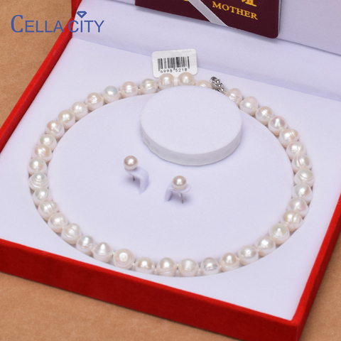 Cellacity-Conjunto de joyería para mujer, de perlas naturales de agua dulce de 9-10mm, aretes de tuerca, collar, pulsera, regalo para mamá, plata 925 ► Foto 1/6