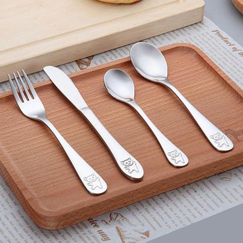 4 unids/set bebé platos cucharadita cuchara tenedor cuchillo, utensilios de acero inoxidable bebé niños comiendo costumbre para los niños ► Foto 1/6