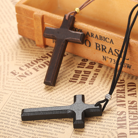 Collares con colgante de crucifijo cruzado para hombre y mujer, cadena de suéter negra y marrón, cuerda de 90cm, collares religiosos Unisex, joyería ► Foto 1/5