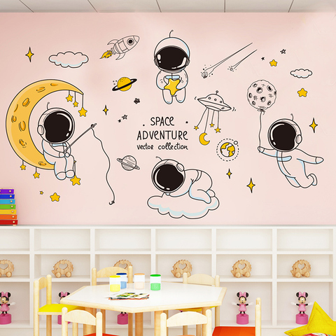 Pegatinas de pared de astronauta de dibujos animados para niños, calcomanías de Mural de espacio exterior para habitación de bebé, decoración del hogar ► Foto 1/6