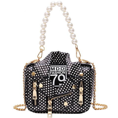 Bolso de mano informal con diseño de chaqueta con puntos para mujer, bandolera cruzada, con asa de perlas, color blanco y negro ► Foto 1/1