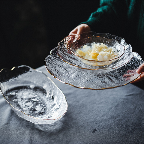 Plato de cristal, platos irregulares para cena, platos de cristal dorado, cuenco creativo para ensalada, plato transparente, Bol de cristal y juego de platos ► Foto 1/5