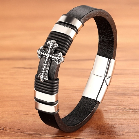 Pulsera de cuero con Cruz para hombre, brazalete de acero inoxidable, negro magnético, dorado y plateado, joyería de Jesús ► Foto 1/6