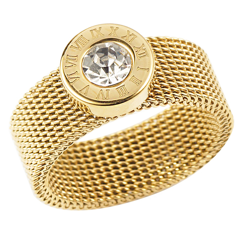 Anillo de oro de acero inoxidable, anillo grande redondo de malla de cristal, anillos con números romanos para mujeres y hombres, joyería de marca de moda ► Foto 1/6