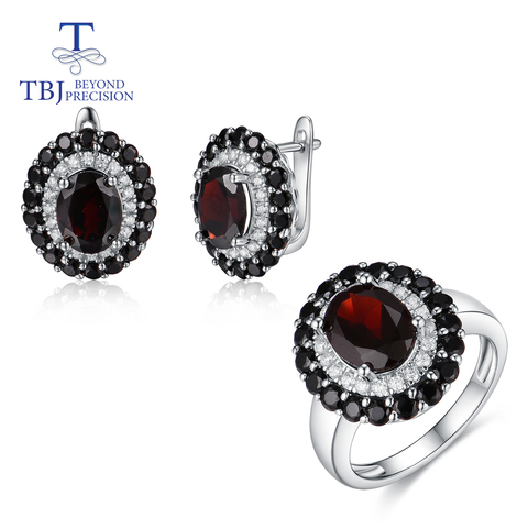 TBJ-anillo y pendientes de plata de ley 925 con gema granate negro natural, conjunto de joyería para mujer, para fiesta y uso diario ► Foto 1/6