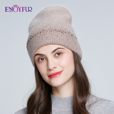 ENJOYFUR-sombreros de invierno para mujer, gorros tejidos con piel de conejo, angora suave y cálida, con puños anchos, decoración de diamantes de imitación ► Foto 1/6