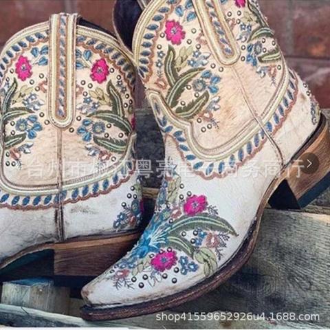 Botas de vaca bordadas con flores para mujer, Botines de tacón grueso, botas cortas de primavera 2022 ► Foto 1/5