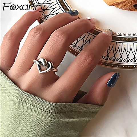 Foxanry-anillos de corazón de amor para mujer, de Plata de Ley 925, nueva moda creativa, anudado, geométrico, Vintage, Punk, regalos de joyería para fiesta ► Foto 1/6