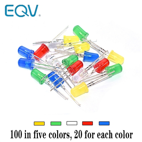 EQV-Kit surtido de diodos de luz LED, kit de componentes de 5 MM, 5mm, verde, azul, blanco, amarillo, rojo, 100 Uds. ► Foto 1/6