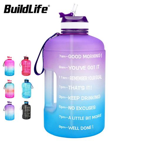 BuildLife-botella de agua de 1 galón con marcador de tiempo de paja, jarra de agua deportiva de gran capacidad de plástico sin BPA, 3.78L, 2.2L, 1.3L ► Foto 1/6