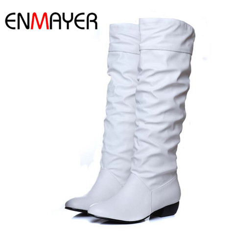 ENMAYER bolso Plus tamaño 43 moda nueva llegada de invierno de-becerro de las mujeres botas de Negro Blanco marrón pisos tacones botas medio otoño zapatos de nieve ► Foto 1/6