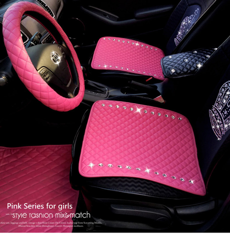 Fundas de asiento de coche de cuero rosa para niñas y mujeres, accesorios de Interior de decoración de juegos completos universales, cojín de 3 estaciones de cristal ► Foto 1/6