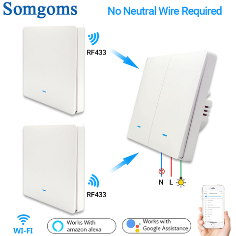 Interruptor de luz de pared inteligente WiFi RF433, sin transmisor inalámbrico neutro, Control por aplicación Tuya, Alexa, Google Home, Compatible con 1/2/3 Gang ► Foto 1/6