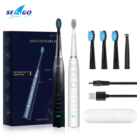 SEAGO-cepillo de dientes eléctrico inteligente, recargable, Sónico, para 5 modos, puede utilizarse en 180 días con 4 cabezales y 1 cepillo Interdental SG575 ► Foto 1/6