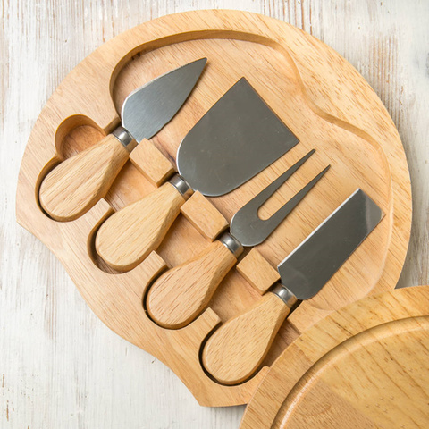 Juego de 4 cuchillos de acero inoxidable para queso, cortador y rebanador de queso con mango de madera, Mini cuchillo de mantequilla, espátula y tenedor ► Foto 1/6