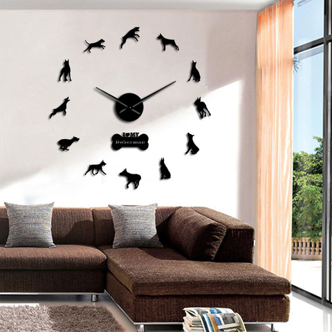 Doberman Pinscher-Reloj de pared grande, efecto espejo acrílico, bricolaje, Doberman, Dobie, reloj de pared decorativo para sala de estar ► Foto 1/6