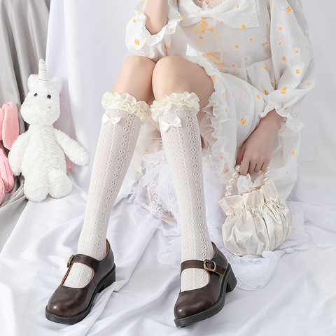 Medias de encaje de Lolita japonesa para mujer, calcetines hasta la rodilla con lazo de Kowknot, medias elásticas de pierna largo, ropa de calle ► Foto 1/6