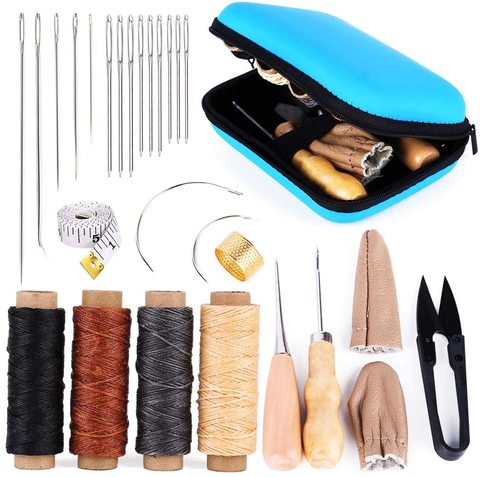 Imzay 28 Uds Kit de costura de cuero con agujas de costura de ojos grandes, hilo encerado, herramientas de costura de cuero para artesanía de cuero DIY ► Foto 1/5