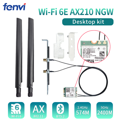 Kit Wi-Fi 6E AX210 (Gig +) de escritorio, velocidad de datos inalámbrica hasta 2,4 Gbps con Intel AX210NGW 2,4G/5G 802.11ax Bluetooth 5,2, tarjeta Wifi ► Foto 1/6