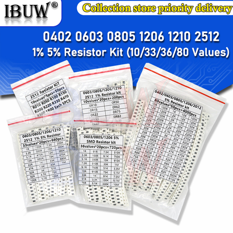 200 Uds 660 Uds 720 Uds 4000 Uds 0402, 0603, 0805, 1206, 1210, 2512 SMD Kit de resistencia de igmopnrq Kit surtido 10K 100K 1K 1R 100R 220R 1%, 5% ► Foto 1/6