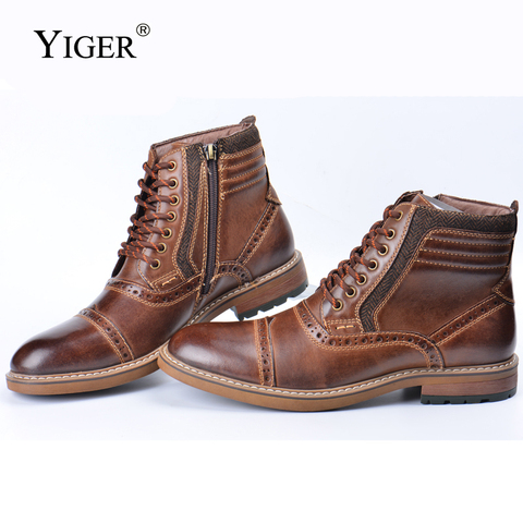 Botas Brogue de cuero genuino para hombre, zapatos masculinos de estilo Oxford, adecuados para el invierno, de talla grande, botas de negocios con cordones, botines ► Foto 1/6