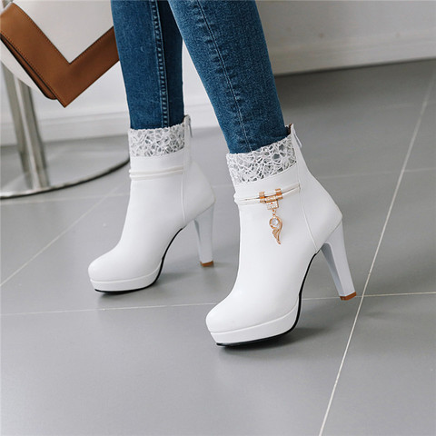 YMECHIC-Botines de tacón alto para mujer, botines con plataforma de princesa de diseño de encaje para fiesta y boda, botines blancos y negros para invierno ► Foto 1/6