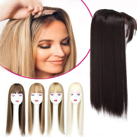 Extensiones de Cabello sintético para mujer, 3 Clips con flequillo, 22 pulgadas de largo, fibra de alta temperatura, marrón/gris/negro ► Foto 1/6