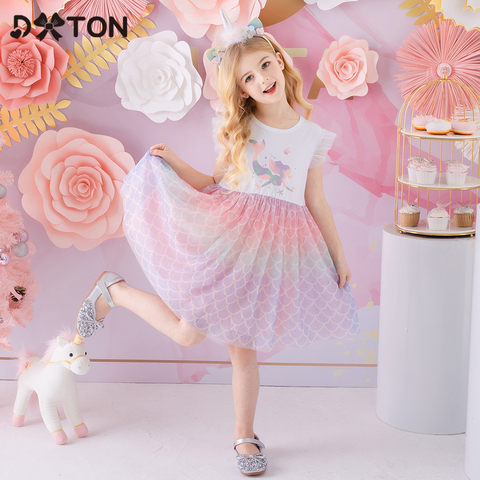 DXTON-Vestidos de verano para niñas, ropa de princesa, manga voladora, unicornio, 2022 ► Foto 1/6