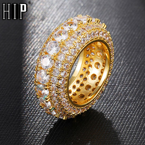 Hip Hop 5 filas directo helado Bling completo CZ encanto hueco Tready cobre y circonita cúbica anillo de la joyería de los hombres de oro de tamaño 8-11 ► Foto 1/6