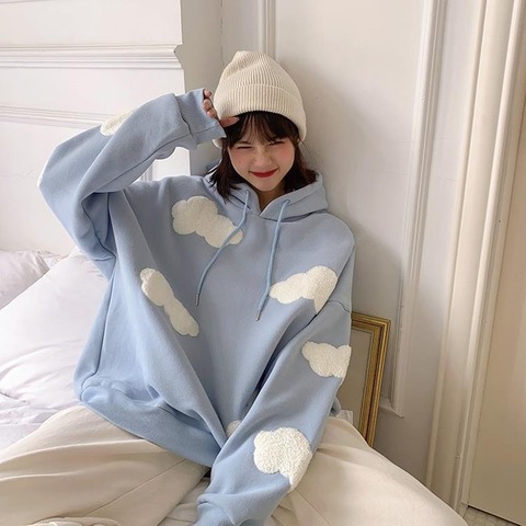 Sudadera con capucha coreana para mujer, sudadera con nubes para mujer, Tops de manga larga cálidos de terciopelo, sudaderas informales Kawaii para mujer 2022 ► Foto 1/6