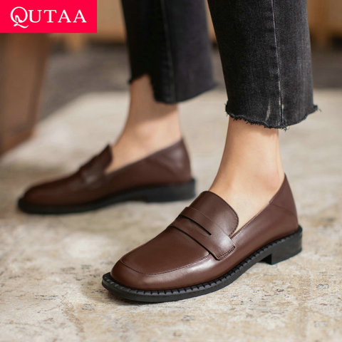 QUTAA de 2022 de cuero genuino de tacón cuadrado deslizamiento zapatos de mujer primavera otoño Casual del dedo del pie redondo tacones básicos para mujeres de gran tamaño 34-43 ► Foto 1/6