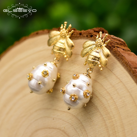 GLSEEVO-pendientes colgantes de perlas naturales de concha para aretes bonitos de abeja, diseño Original a mano, joyería de buenos de lujo, GE0665 - Historial de precios y revisión | Vendedor